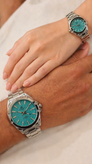 ست ساعت مچی زنانه و مردانه CASIO EDIFICE صفحه فیروزهای بند استیل نقرهای
