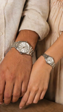 ست ساعت مچی زنانه و مردانه CASIO | صفحه نقرهای Sunburst | بند استیل نقرهای | تاریخشمار | WR50M
