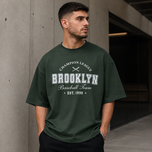 تیشرت مردانه لش باکسی سبز کله غازی جلو چاپ | طرح BROOKLYN Baseball | استایل خیابانی مدرن