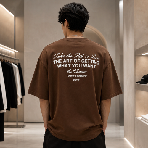 تیشرت مردانه لش باکسی یونیسکس قهوه ای پشت چاپ | Take the Risk Backprint