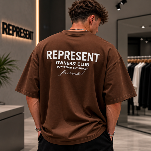 تیشرت مردانه لش باکسی قهوه ای پشت چاپ تایپوگرافی REPRESENT | Owners’ Club Back Print
