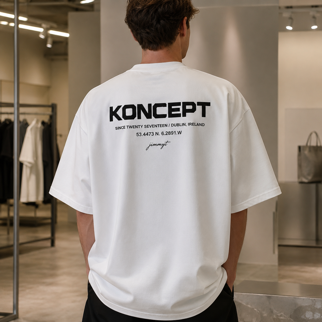 تیشرت مردانه لش باکسی سفید پشت چاپ KONCEPT | تایپوگرافی