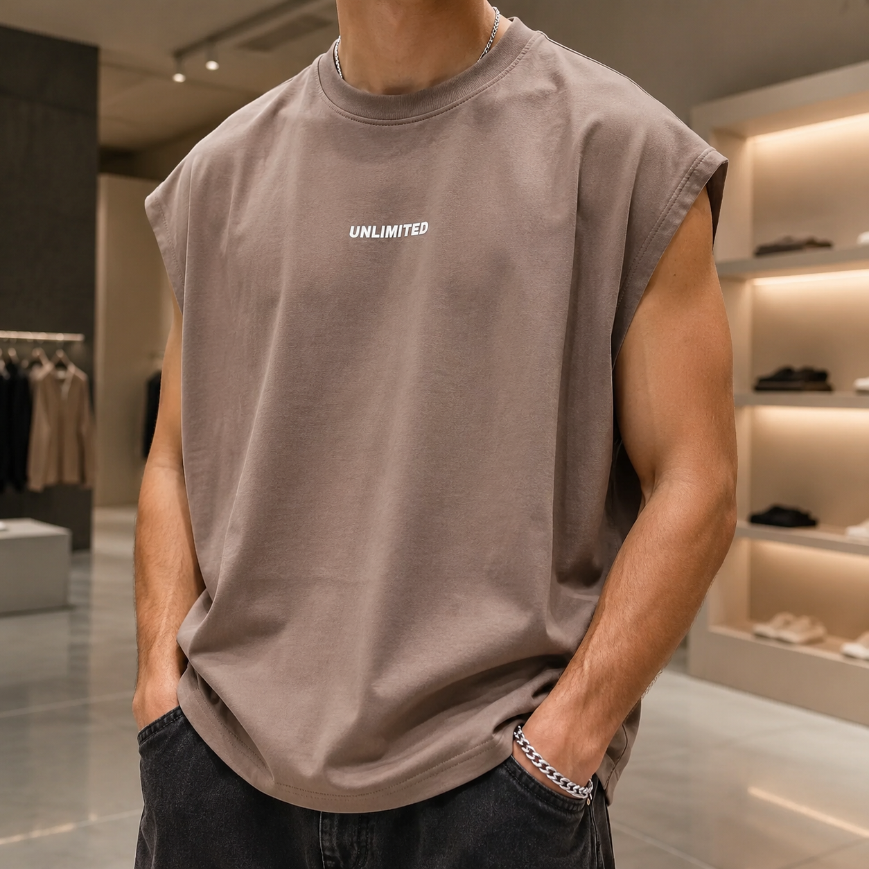 وست مردانه مدل کات-اسلیو (آستین‌حلقه) | رنگ خاکی-کرم (Taupe) | Taupe Sleeveless Vest - Unlimited Edition