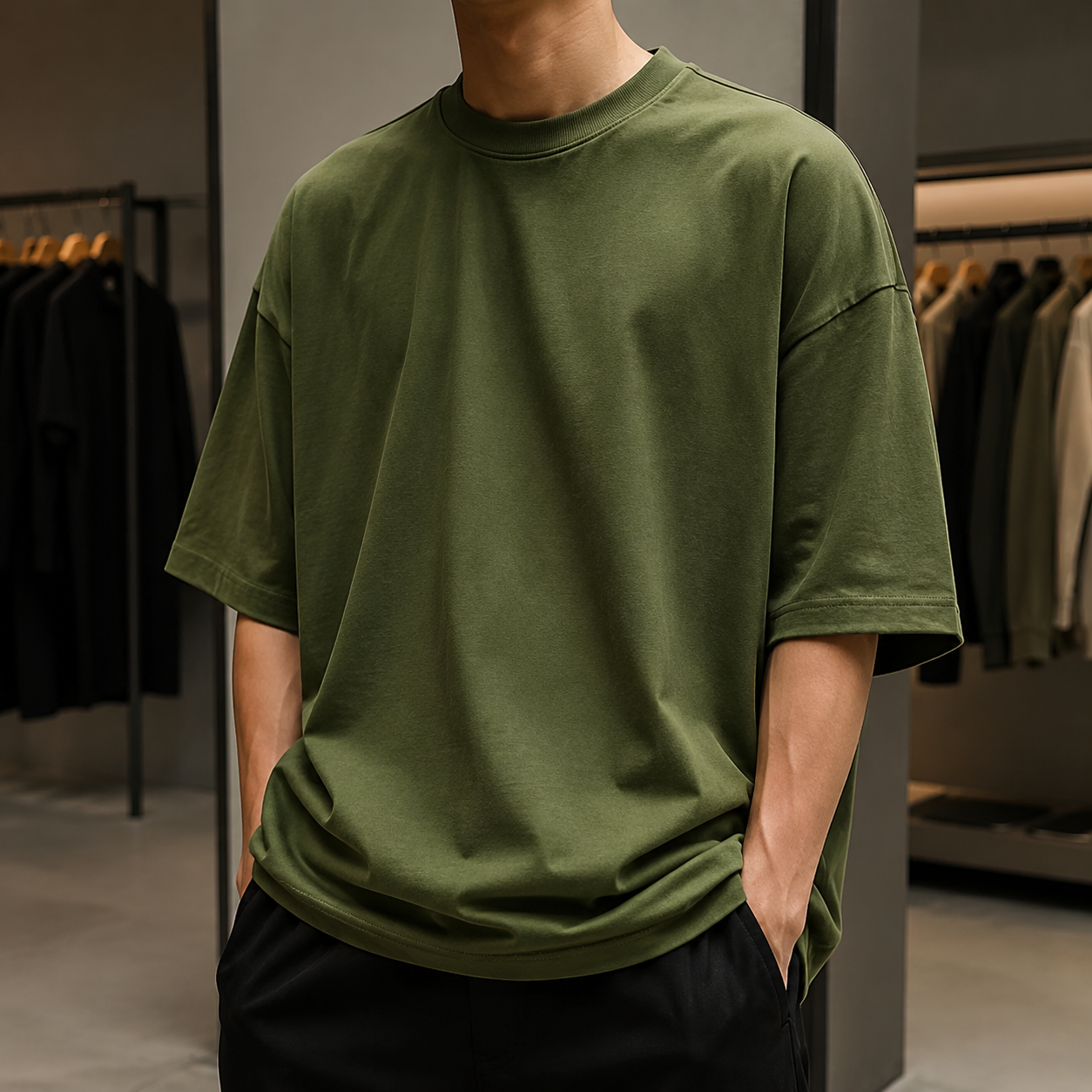 تی‌شرت بیسیک قواره‌دار (Oversized) | رنگ سبز چمنی (Army Green) | Forest Green Oversized Essential Tee