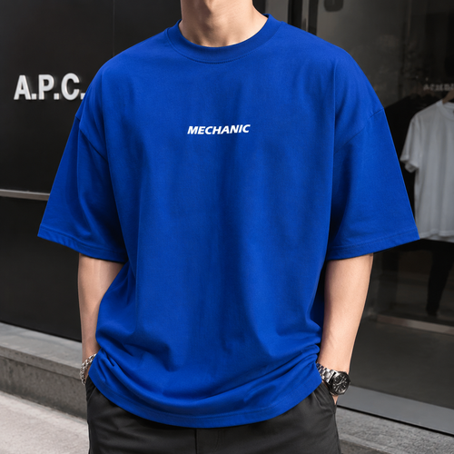 تیشرت لش باکسی مینیمال طرح مکانیک | رنگ آبی کاربنی | Royal Blue Mechanic Boxy-Fit Premium T-Shirt