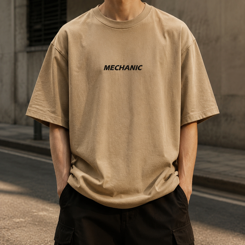 تیشرت گرمبالا استریتاستایل طرح مکانیک | رنگ قهوه ای خاکی (Beige) | Minimalist Beige Mechanic Oversized Boxy-Fit Tee