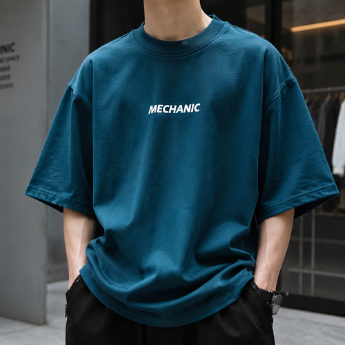 تیشرت لش باکسی گرمبالا طرح مینیمال مکانیک | رنگ آبی پترولی | Teal Blue Mechanic Boxy-Fit Heavyweight Premium Tee