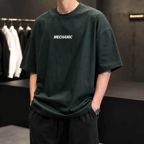 تیشرت لش باکسی مینیمال طرح مکانیک | رنگ سبز یشمی | Forest Green Mechanic Boxy-Fit Heavyweight Premium Tee