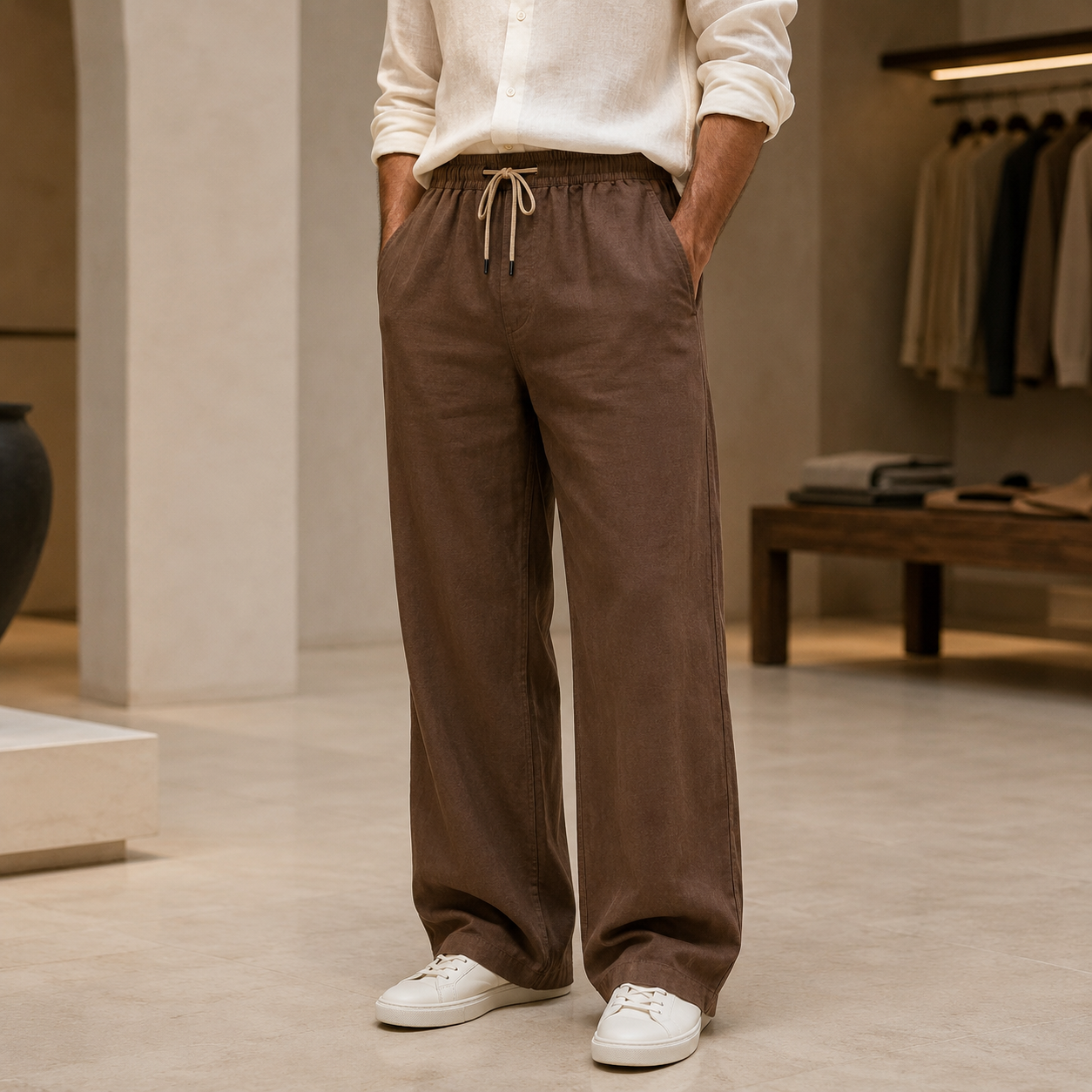 شلوار اولد مانی بگ پارچه ای مردانه جنس لنین حامو – رنگ قهوه‌ای خاکی (Men’s Linen Baggy Trousers – Earthy Brown)