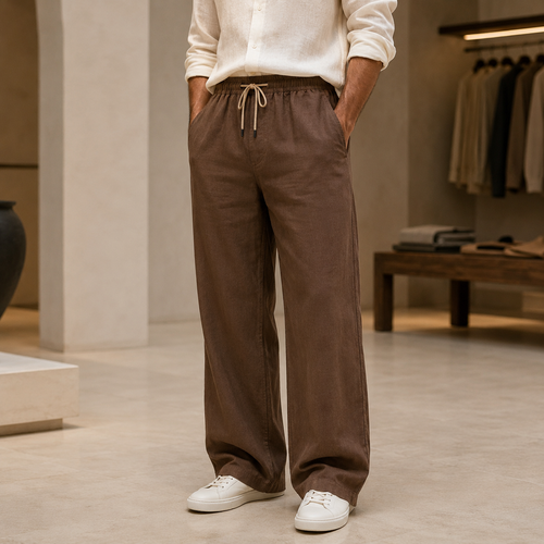شلوار اولد مانی بگ پارچه ای مردانه جنس لنین حامو – رنگ قهوهای خاکی (Men’s Linen Baggy Trousers – Earthy Brown)