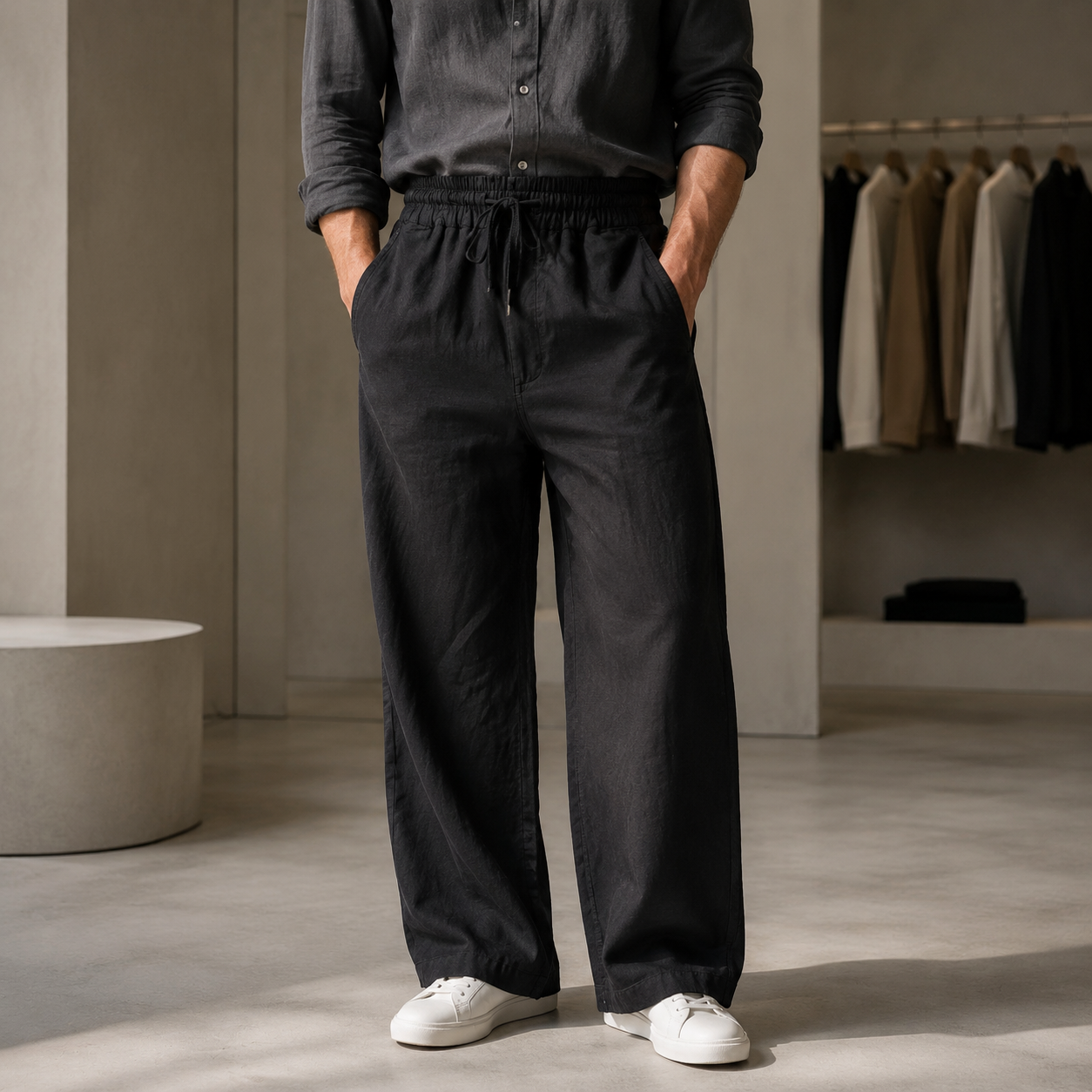 شلوار اولد مانی بگ پارچه ای مردانه جنس لنین حامو – رنگ مشکی (Men’s Linen Baggy Trousers – Light Beige)