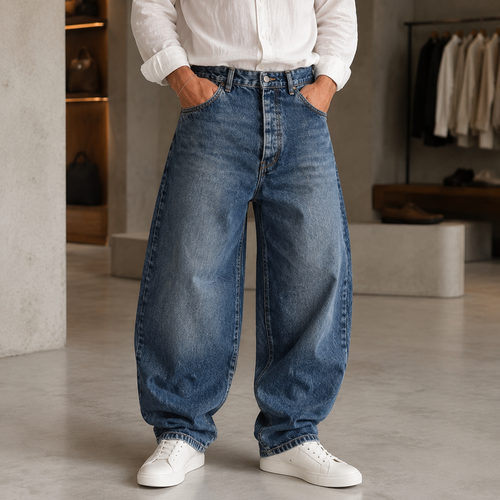 شلوار بگ بالونی مردانه جنس جین – رنگ آبی کلاسیک (Men’s Balloon-Fit Baggy Jeans – Classic Blue)