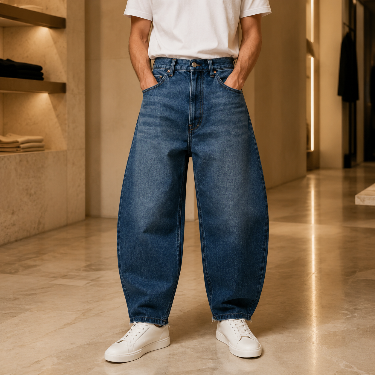 شلوار بگ بالونی مردانه جنس جین – رنگ آبی تیره سنگ‌شور (Men’s Balloon-Fit Baggy Jeans – Dark Washed Blue)