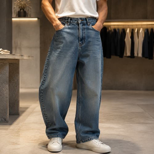 شلوار جین مردانه مدل بگ بالونی (Loose Fit) – رنگ آبی گازوییلی (Men’s Loose-Fit Baggy Jeans – Charcoal Blue)