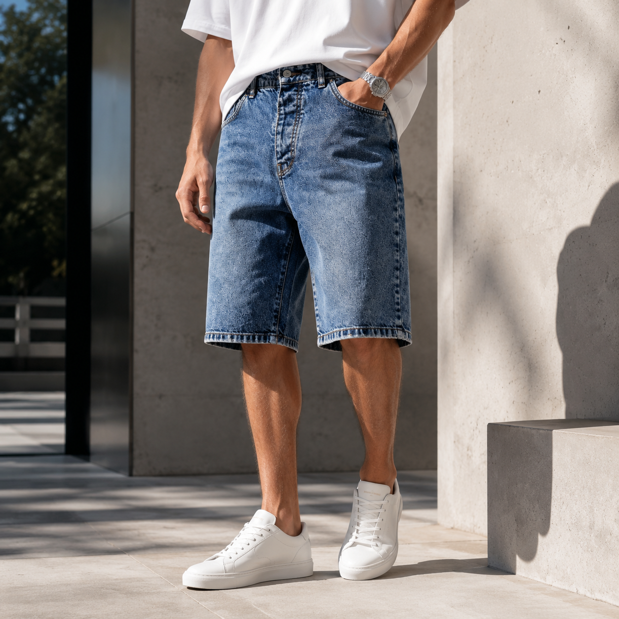 شلوارک اولد مانی جین بلند مردانه – رنگ آبی سنگ‌شور (Men’s Long Denim Bermuda Shorts – Washed Blue)