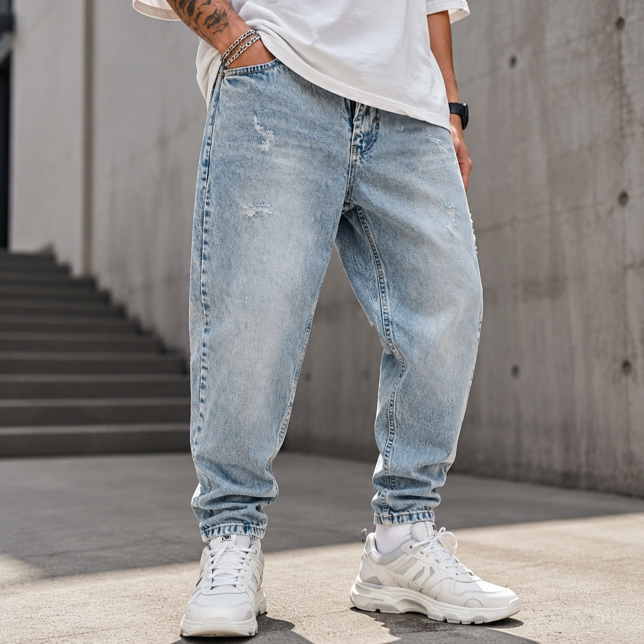 شلوار مام فیت مردانه مدل High Waisted Tapered رنگ Vintage Blue