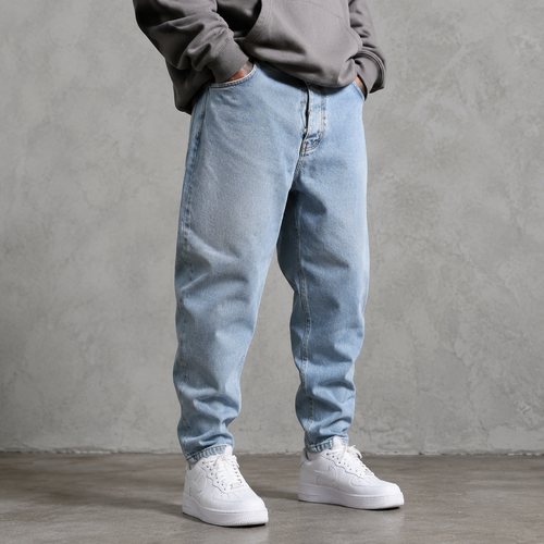 شلوار جین مام فیت مردانه BONIYAN مدل High Waisted Tapered رنگ آبی وینتیج روشن