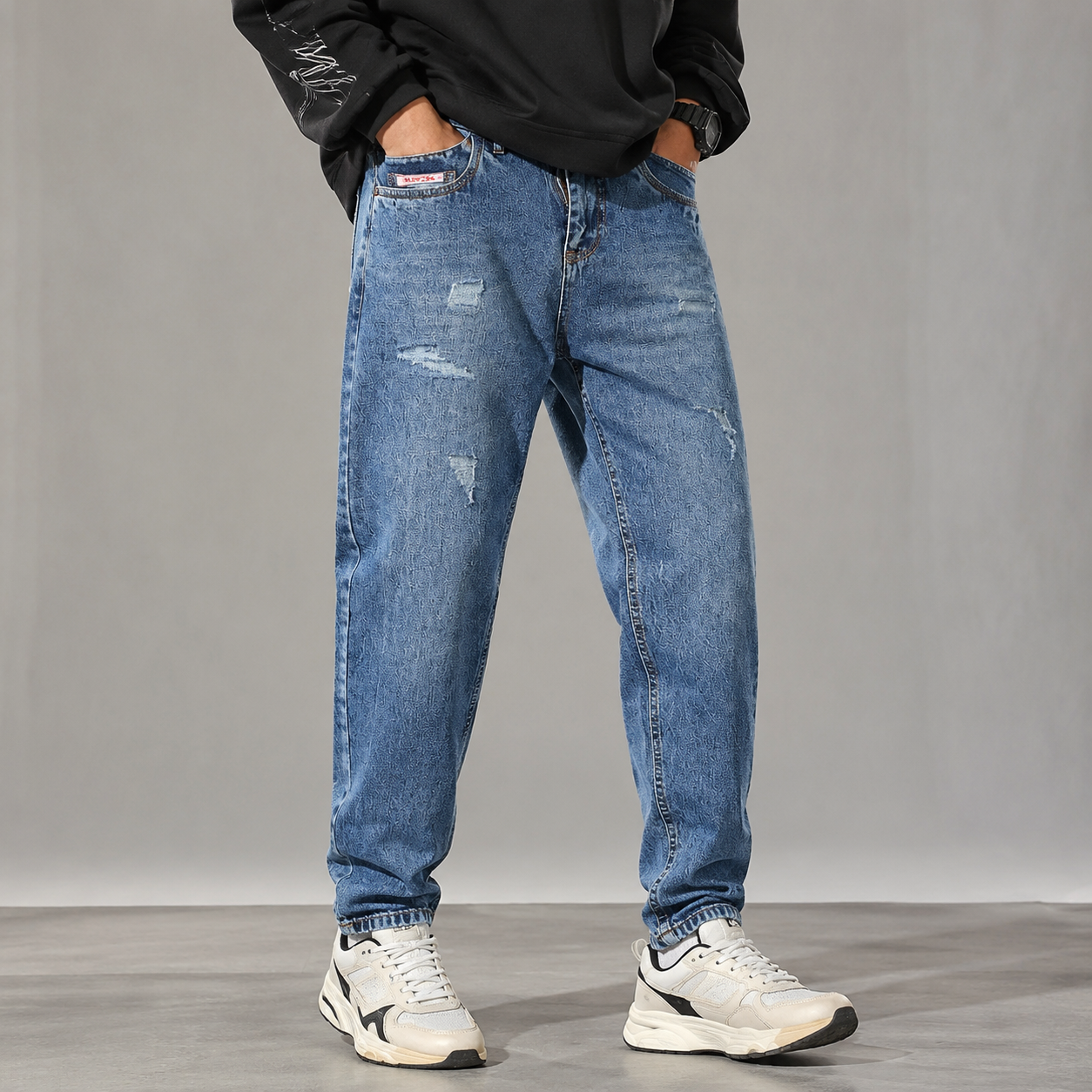 شلوار جین مردانه مام فیت مدل Distressed Denim رنگ Medium Blue