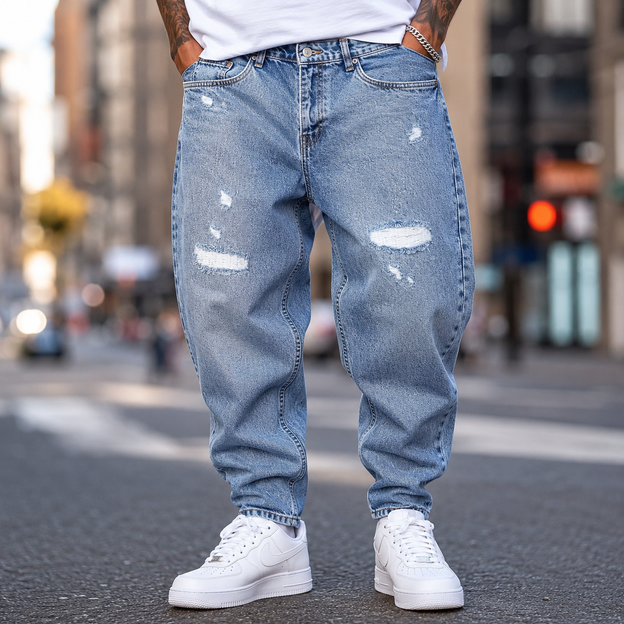 شلوار مام فیت مردانه مدل Zara Ripped Tapered رنگ Medium Blue