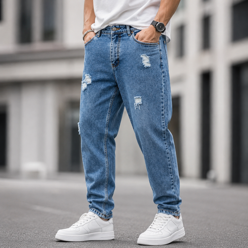 شلوار جین مردانه مام فیت مدل Acid Wash رنگ Stone Wash Blue