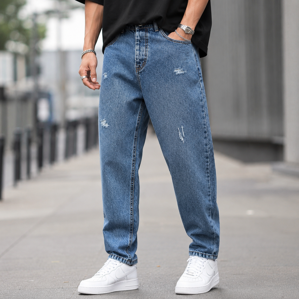 شلوار جین مام فیت مردانه DSQUARED مدل High Rise Straight Leg رنگ آبی کلاسیک