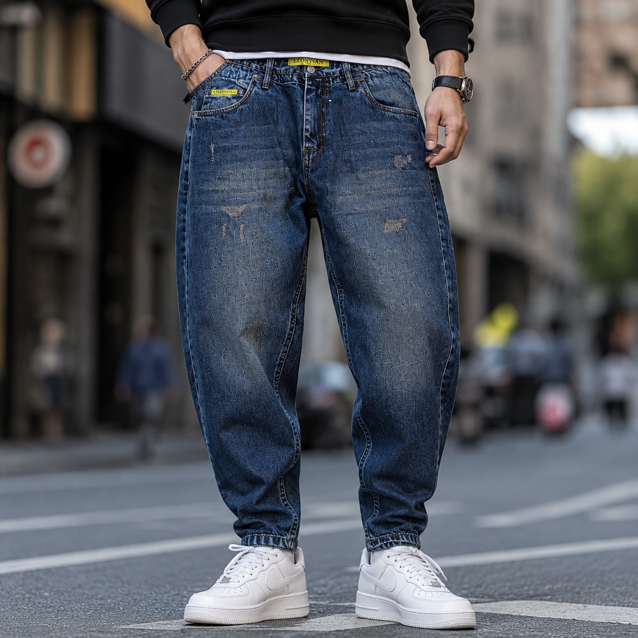 شلوار مام‌فیت مردانه رنگ گازوئیلی زاپ‌دار مدل Men’s Navy Blue Mom Fit Jeans