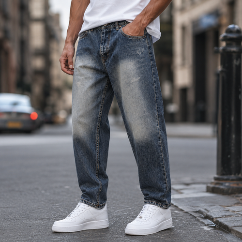 شلوار جین مامفیت مردانه مدل زاپدار ظریف رنگ آبی دودی مدل Casual Relaxed Fit
