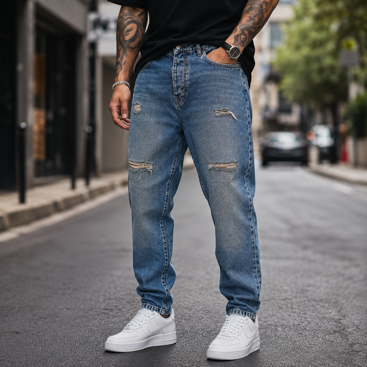 شلوار جین مردانه مام‌فیت رنگ آبی کلاسیک طرح زاپ پهن مدل Blue Mom Fit Casual Streetwear