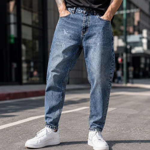 شلوار مامفیت مردانه رنگ آبی روشن سنگ شور مدل MOM Fit BRONIVAN Distressed Jeans