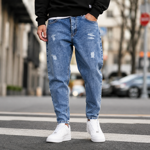 شلوار مامفیت مردانه آبی کلاسیک زاپدار ظریف مدل Men’s Classic Blue Mom Fit