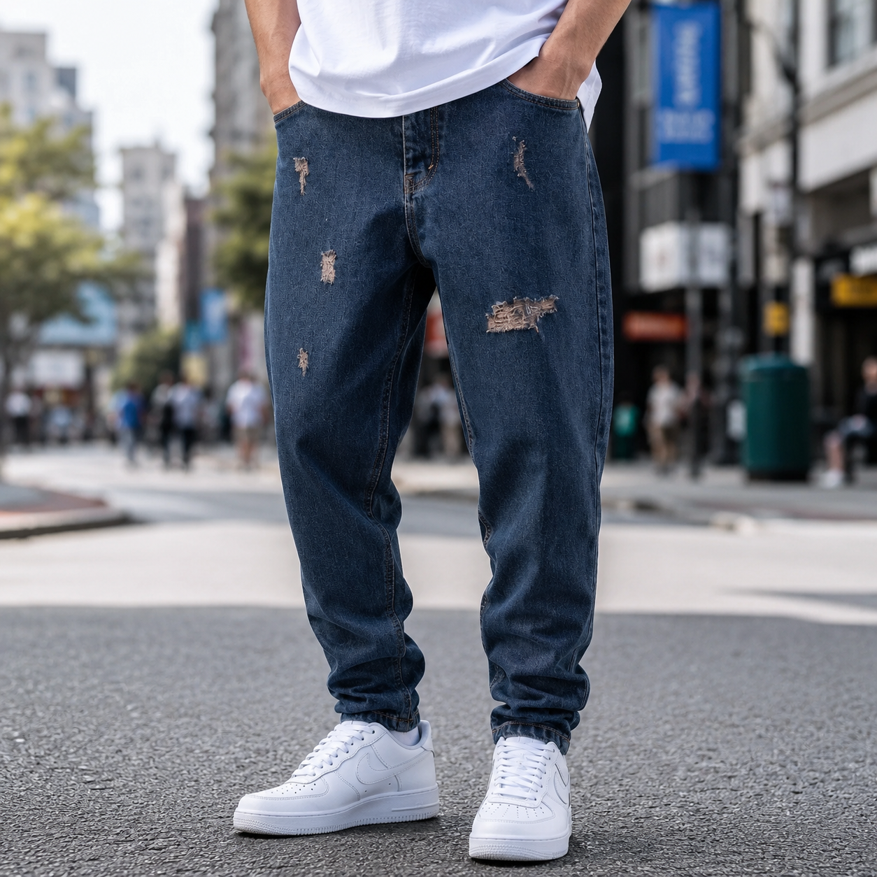 شلوار مام‌فیت مردانه سرمه‌ای تیره زاپ دار مدل Dark Blue Wash Mom Fit Streetwear