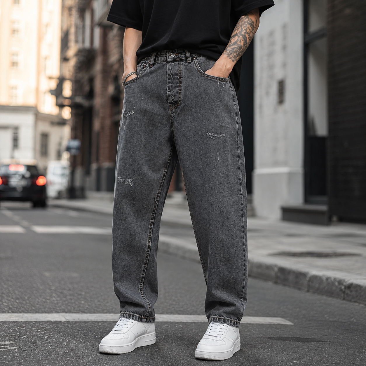 شلوار مام‌فیت مردانه زغالی تیره فاق دکمه‌ای برند مدل Denim Vintage