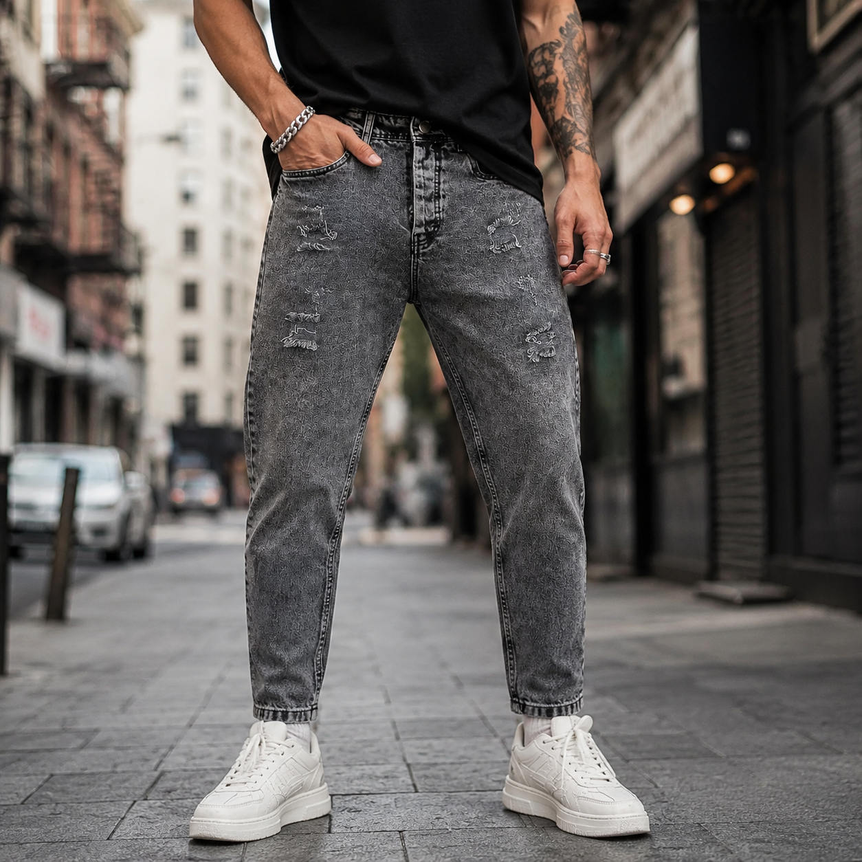 شلوار جین مردانه مام‌فیت رنگ طوسی تیره طرح سنگ شور مدل Men’s Grey Mom Fit