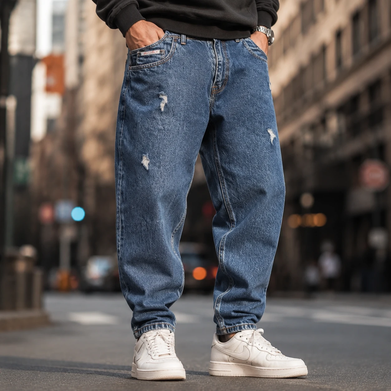 شلوار جین مردانه سایز بزرگ 52-58 مام‌فیت رنگ آبی نیلی زاپ‌دار ظریف مدل Stone Wash jean Mom Fit