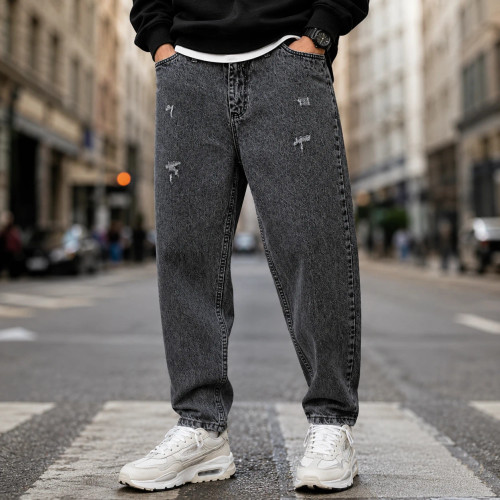 شلوار جین مردانه سایز بزرگ 52-58 مامفیت رنگ خاکستری تیره زاپدار Mom Fit Dark Gray Jean Streetwear