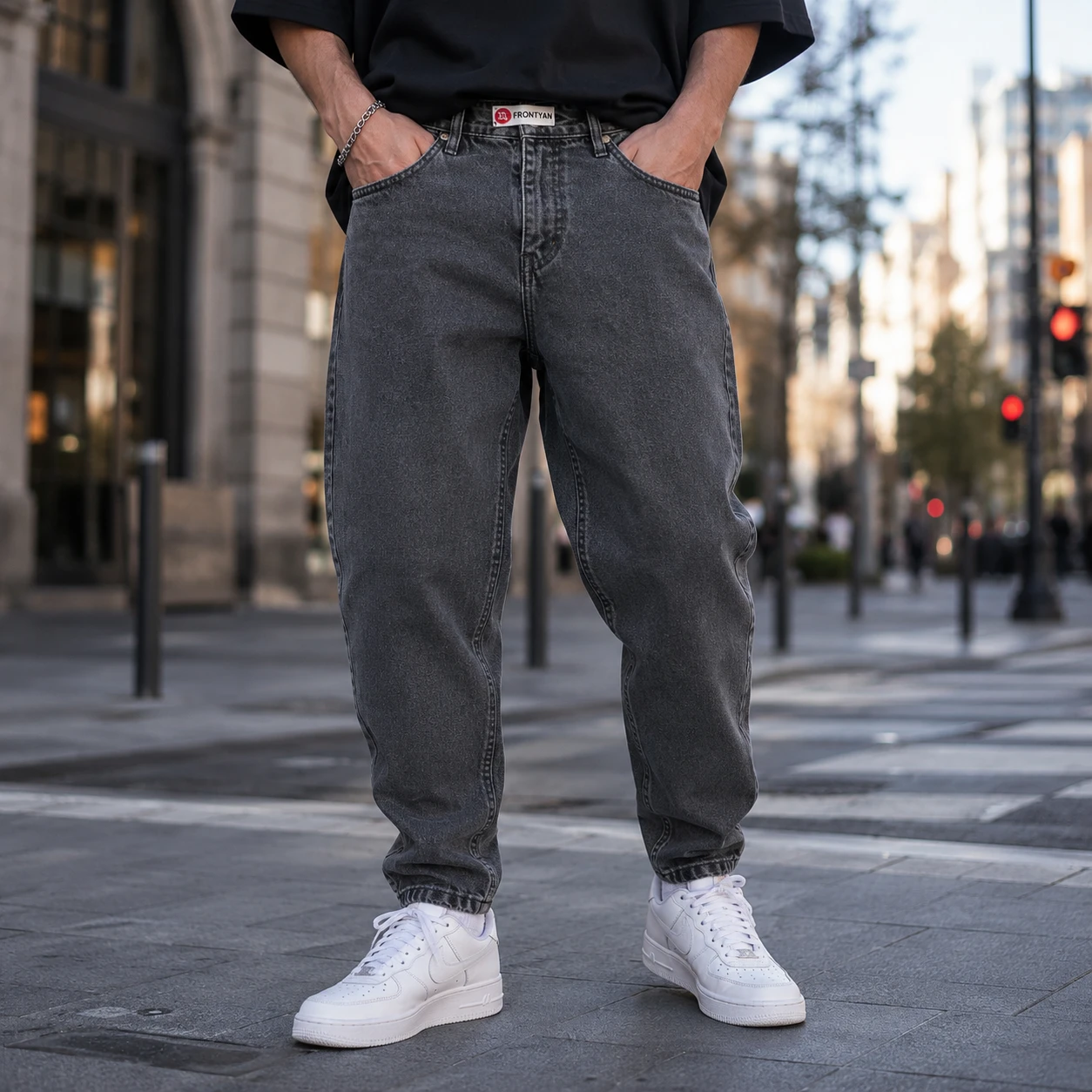 شلوار جین مردانه سایز بزرگ 52-58 مام‌فیت رنگ دودی تیره ساده Smoky Minimal Jeans Streetwear