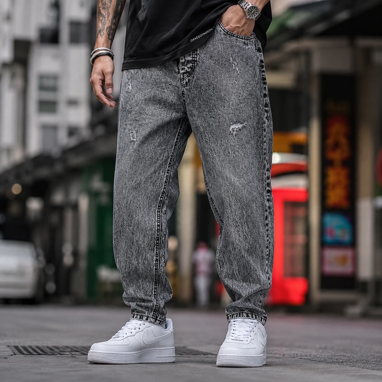 شلوار مام‌فیت دودی برفی مردانه برند مدل زاپ‌دار ظریف Heavy Stone Wash Streetwear Mom Fit