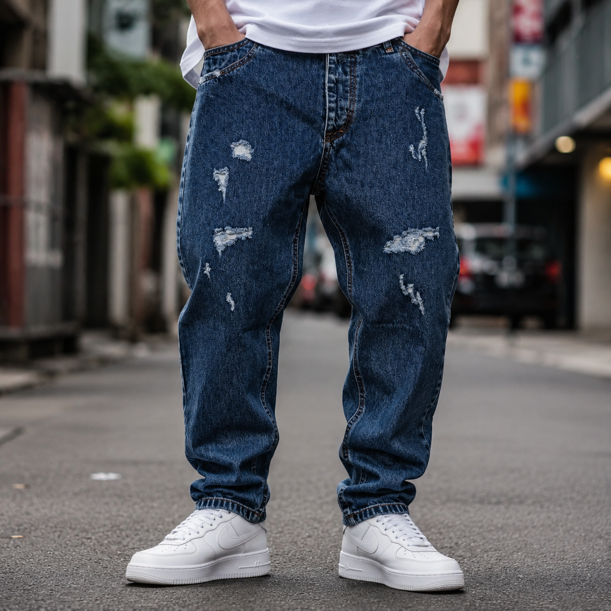 شلوار مام‌فیت مردانه آبی نفتی سنگ‌شور زاپ دار Mom Fit Dark Blue Stone Wash Destroyed