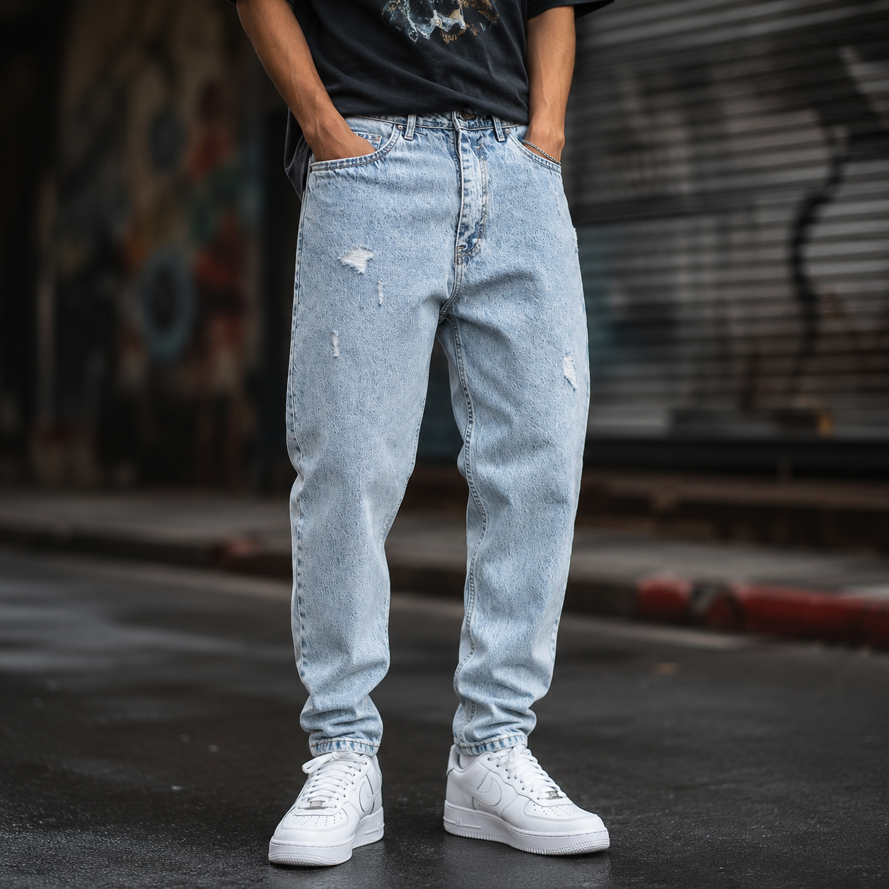 شلوار مام‌فیت آبی یخی مردانه استایل مینیمال مدل زاپ ظریف Mom Fit Light Blue streetwear