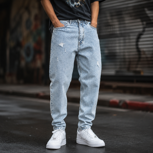 شلوار مامفیت آبی یخی مردانه استایل مینیمال مدل زاپ ظریف Mom Fit Light Blue streetwear