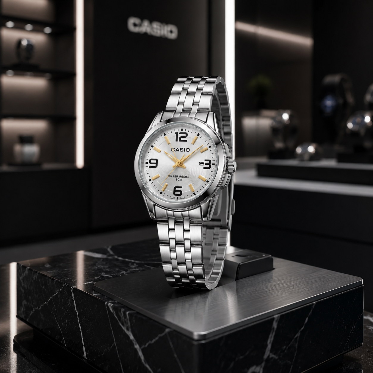 ساعت مچی زنانه کاسیو (Casio) مدل MTP کلاسیک – بند استیل، صفحه نقره‌ای با نشانگرهای طلایی