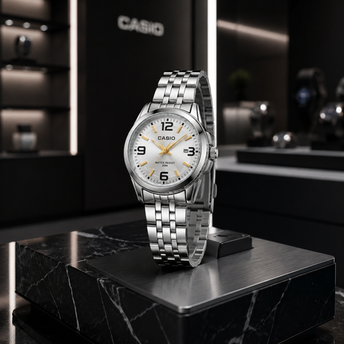 ساعت مچی زنانه کاسیو (Casio) مدل MTP کلاسیک – بند استیل، صفحه نقرهای با نشانگرهای طلایی