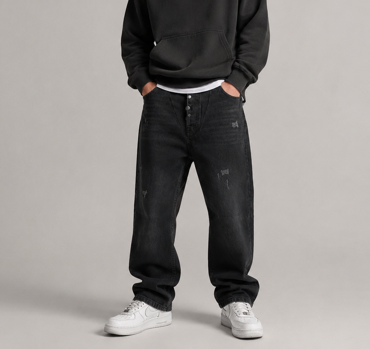 شلوار جین مشکی نیم‌بگ زاپ‌دار با کیفیت بالا | Black Baggy Denim Pants