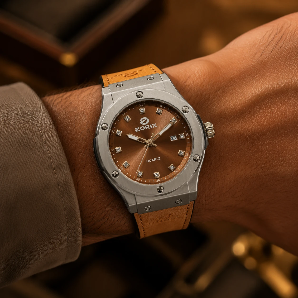 ساعت مچی مردانه DORIX WATCH کوارتز، طرح لوکس اسپرت رنگ قهوه ای رزگلد