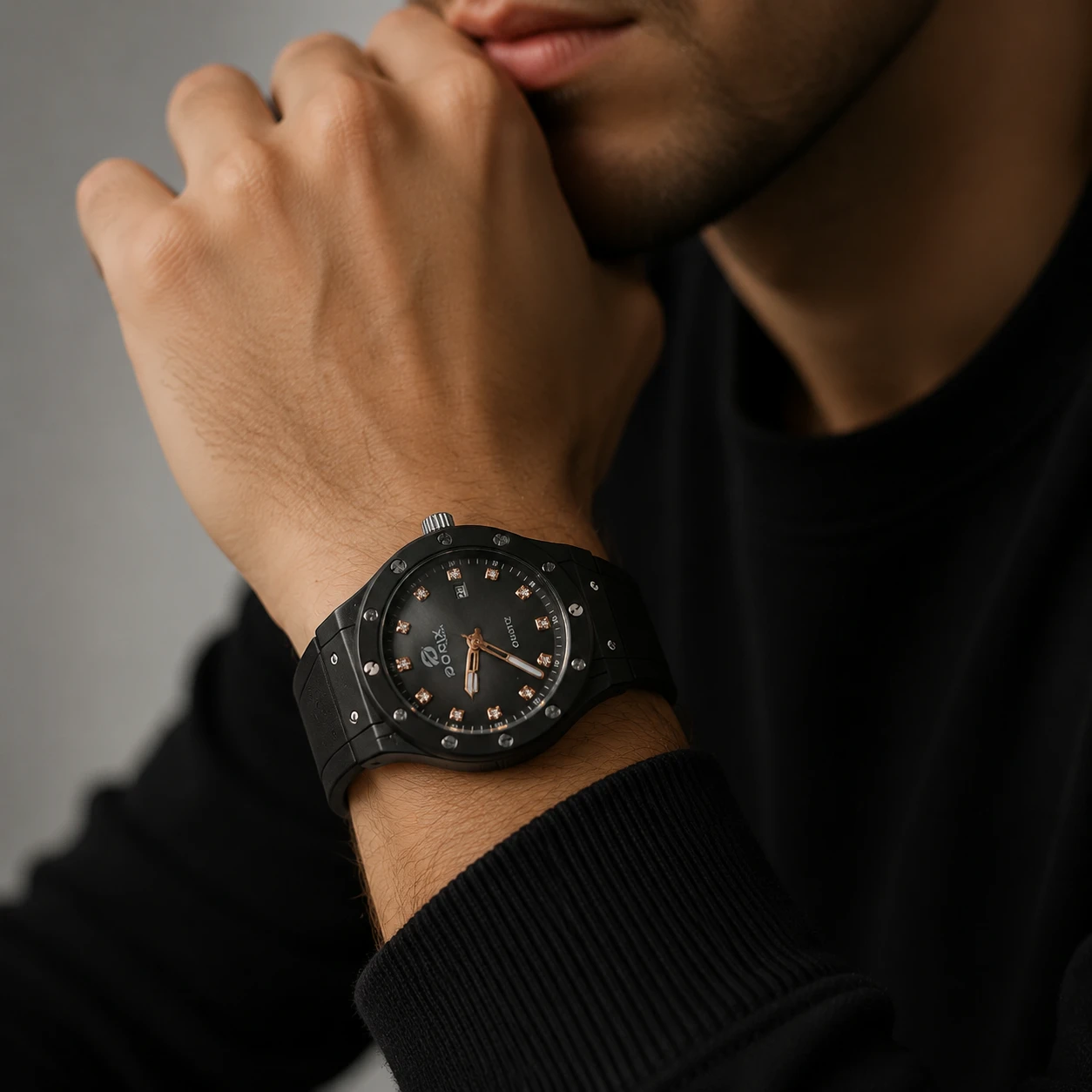 ساعت مچی مردانه DORIX WATCH کوارتز، طرح لوکس اسپرت رنگ مشکی - رز گلد