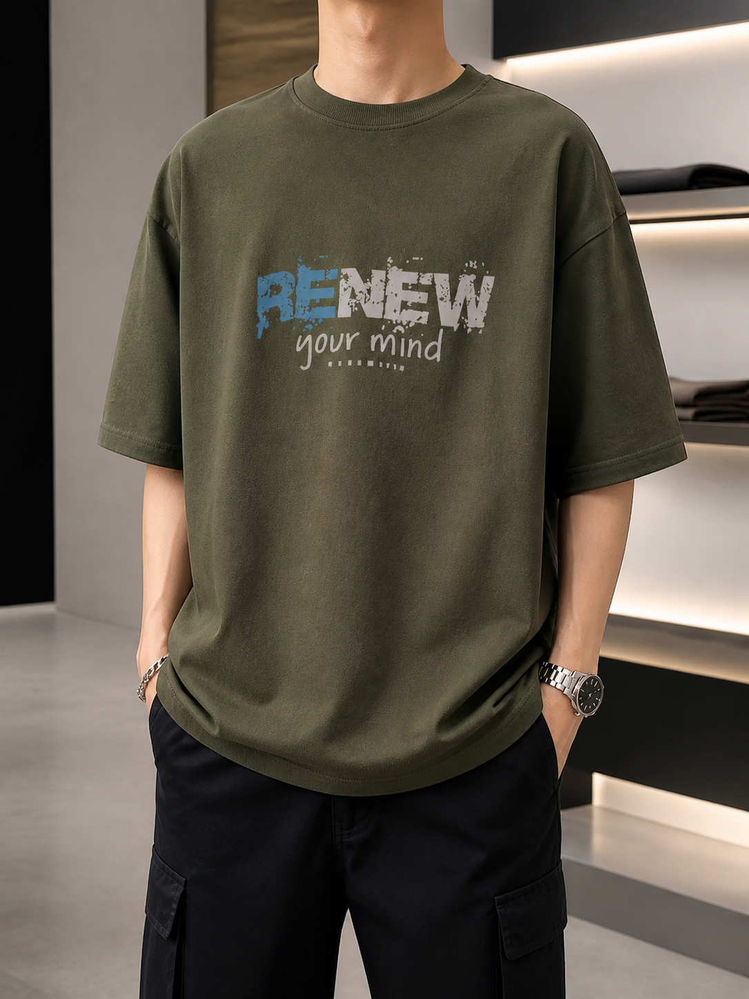 تیشرت خیابانی (Streetwear) حامو طرح گرافیکی RENEW رنگی یشمی