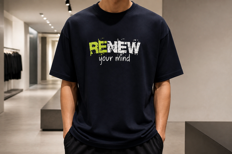 تیشرت خیابانی (Streetwear) حامو طرح گرافیکی RENEW رنگی سرمه ای