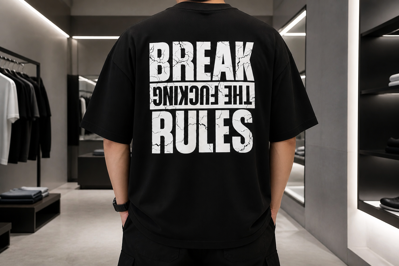 تیشرت مردانه حامو مشکی مدل Break The Rules اورسایز با چاپ پشت