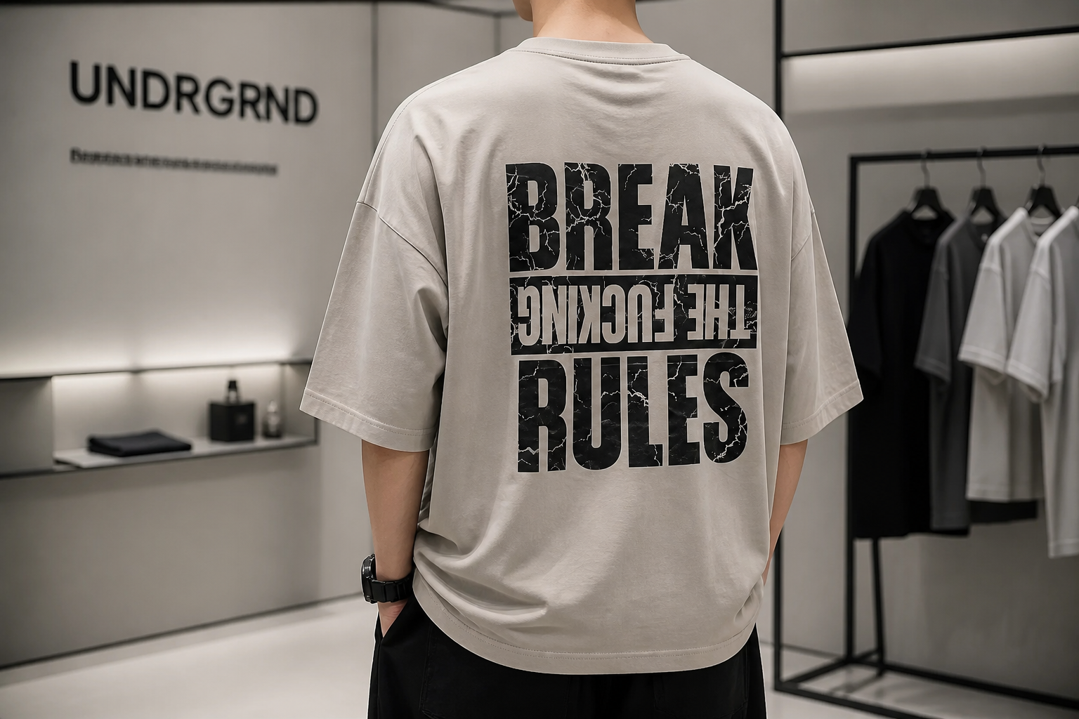 تیشرت مردانه حامو خاکی خاکستری مدل Break The Rules اورسایز با چاپ پشت