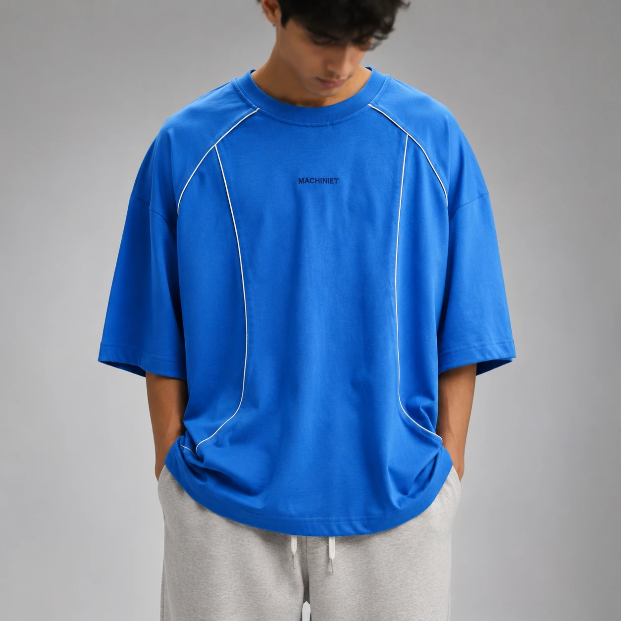 تیشرت مردانه آبی Boxy Fit با White Piping و طراحی Techwear